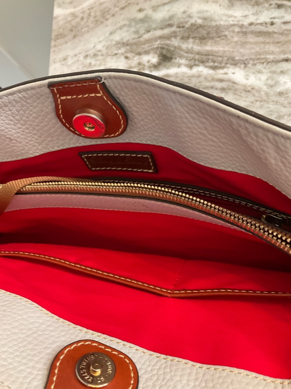 Dooney & Bourke White Pebble Leather Tote with Brown Trim and Gold Hardware - Picture 2 of 3